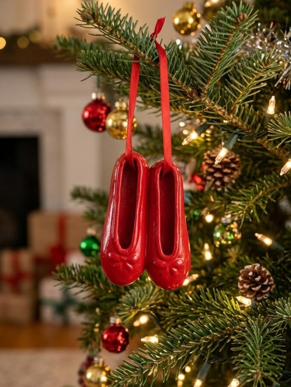 Vintage Red Porcelain Ballet Slippers Christmas Ornament Ceramic 4”